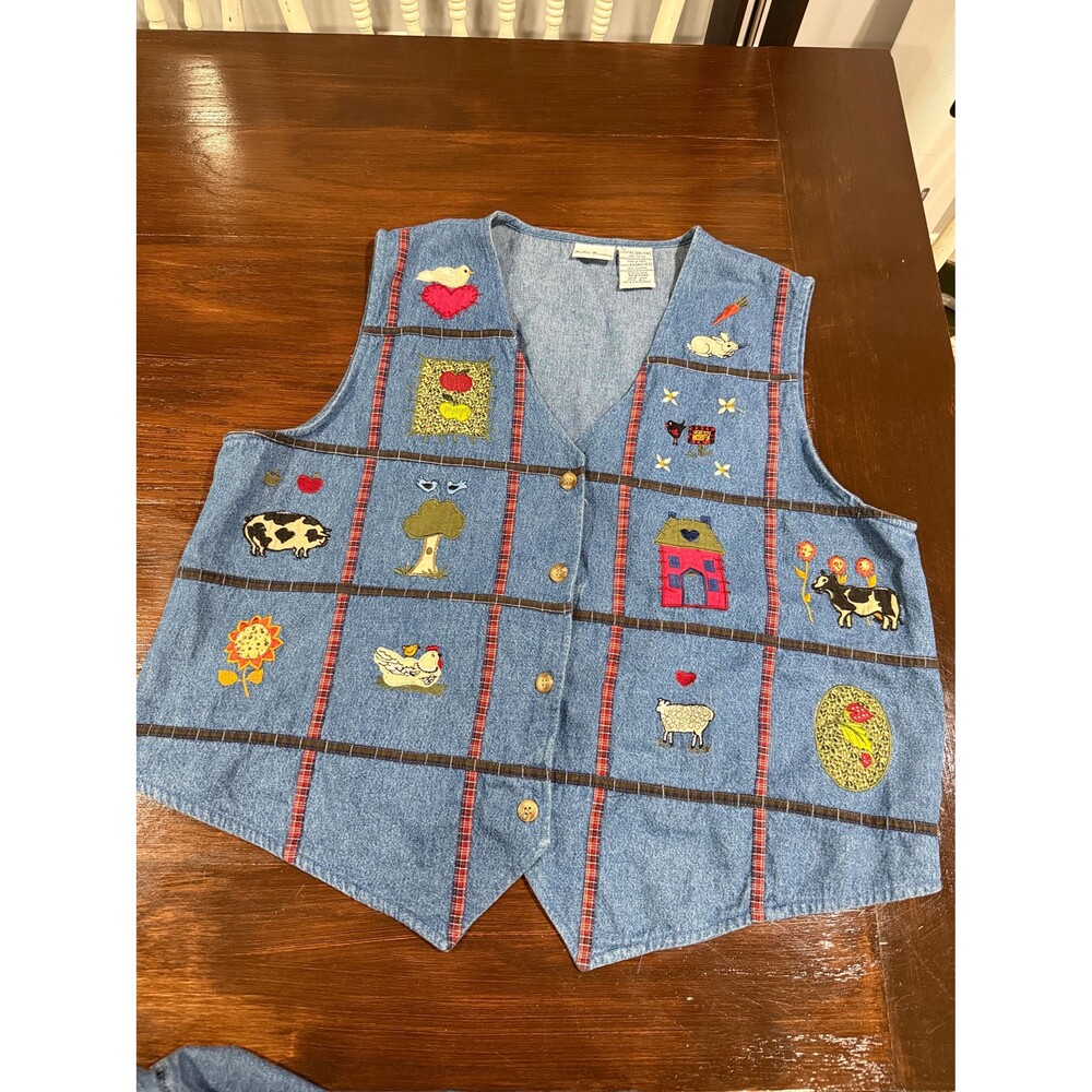Vintage 90s Bobbie Brooks Denim Farm Animal Applique Vest XL 16/18 Cottagecore